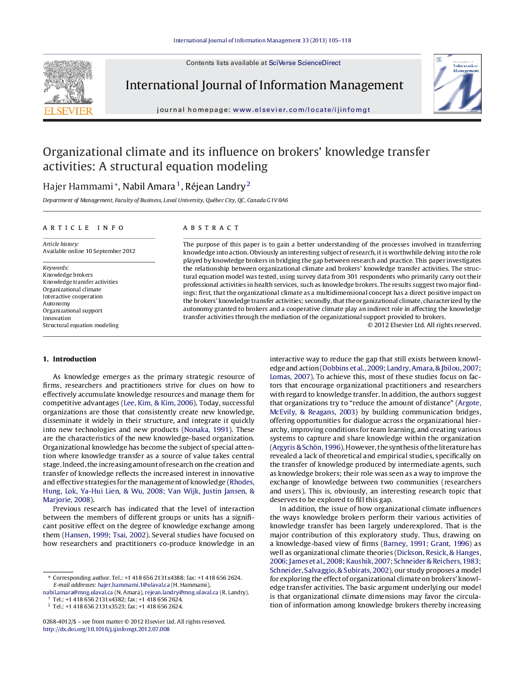 Organizational climate and its influence on brokers’ knowledge transfer activities: A structural equation modeling