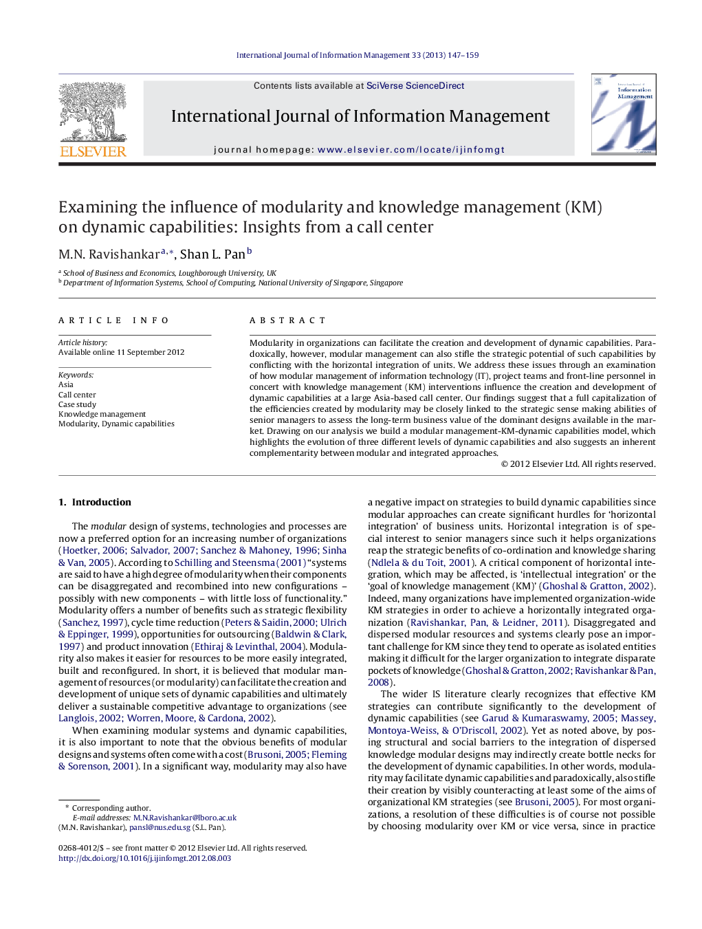 Examining the influence of modularity and knowledge management (KM) on dynamic capabilities: Insights from a call center