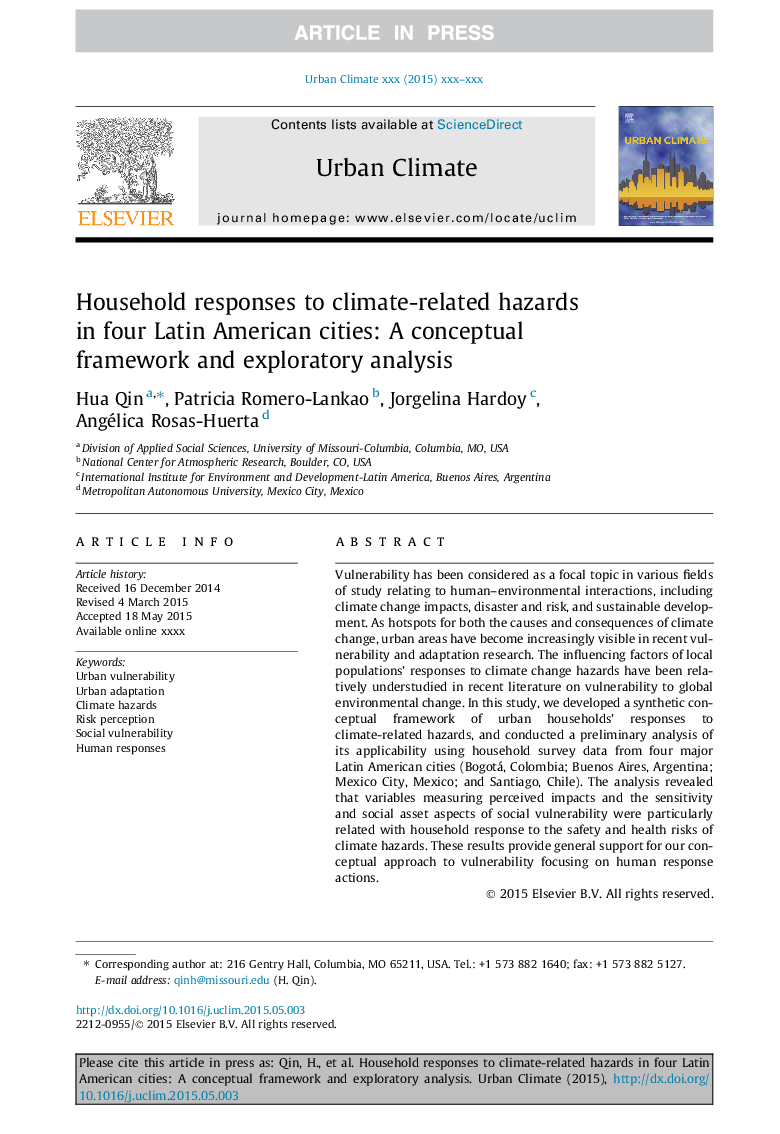 Household responses to climate-related hazards in four Latin American cities: A conceptual framework and exploratory analysis