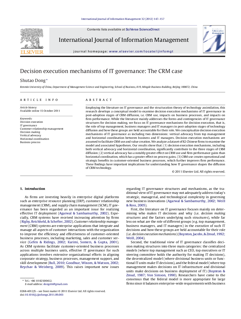 مکانیسم های اجرای تصمیم گیری در نظارت فناوری اطلاعات (IT)، مورد : مدیریت ارتباط با مشتریان (CRM)