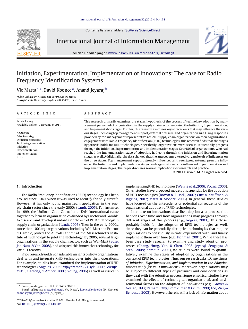 Initiation, Experimentation, Implementation of innovations: The case for Radio Frequency Identification Systems