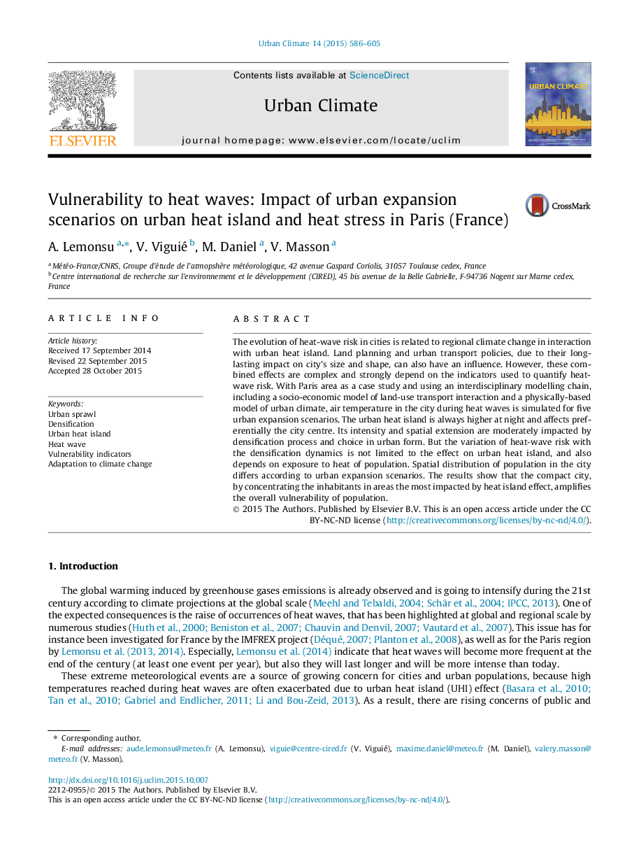 Vulnerability to heat waves: Impact of urban expansion scenarios on urban heat island and heat stress in Paris (France)