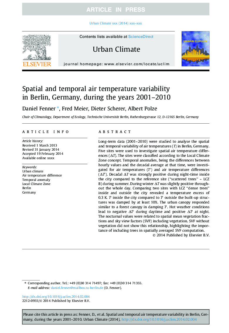 Spatial and temporal air temperature variability in Berlin, Germany, during the years 2001-2010
