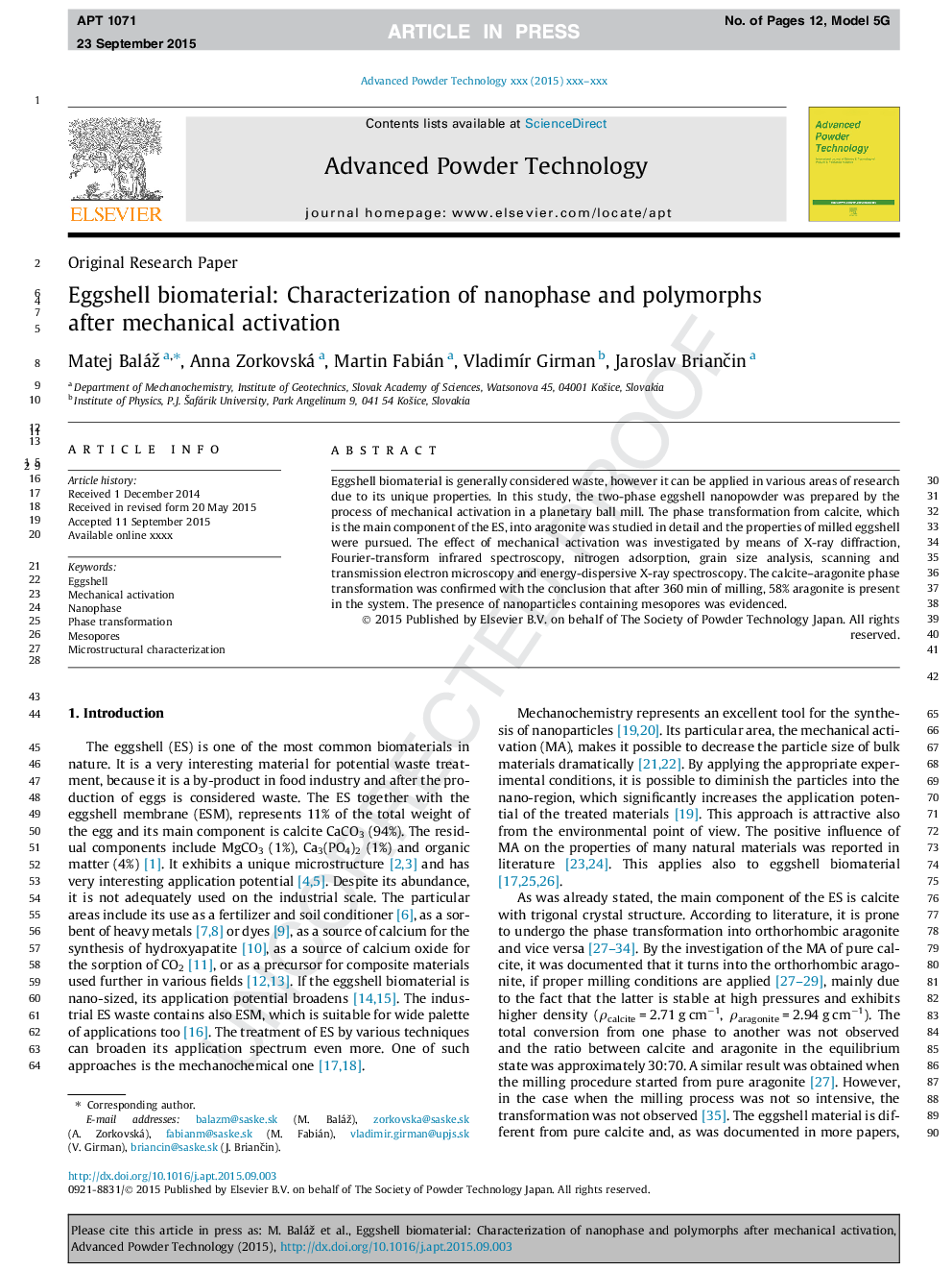 Eggshell biomaterial: Characterization of nanophase and polymorphs after mechanical activation