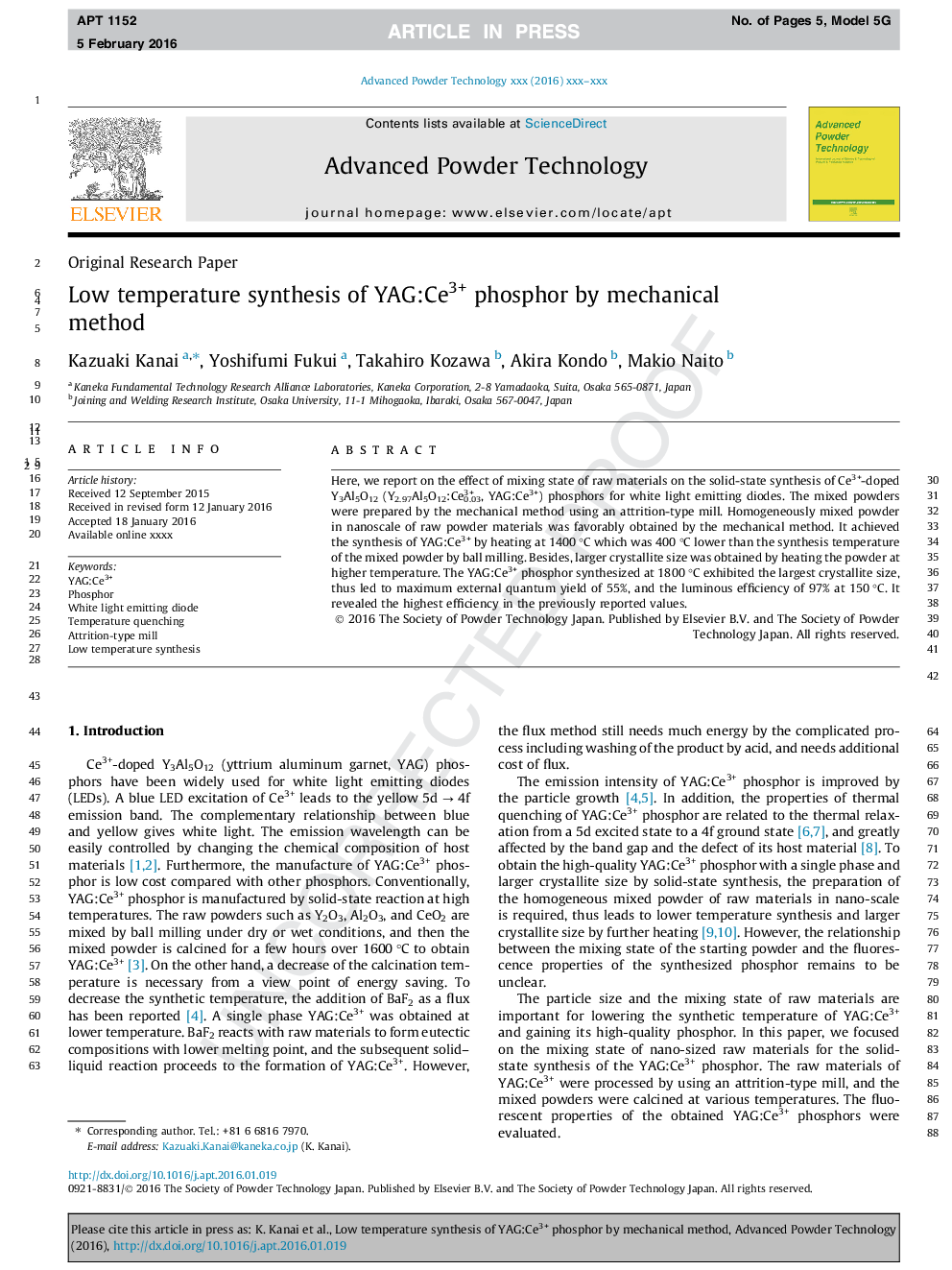 Low temperature synthesis of YAG:Ce3+ phosphor by mechanical method