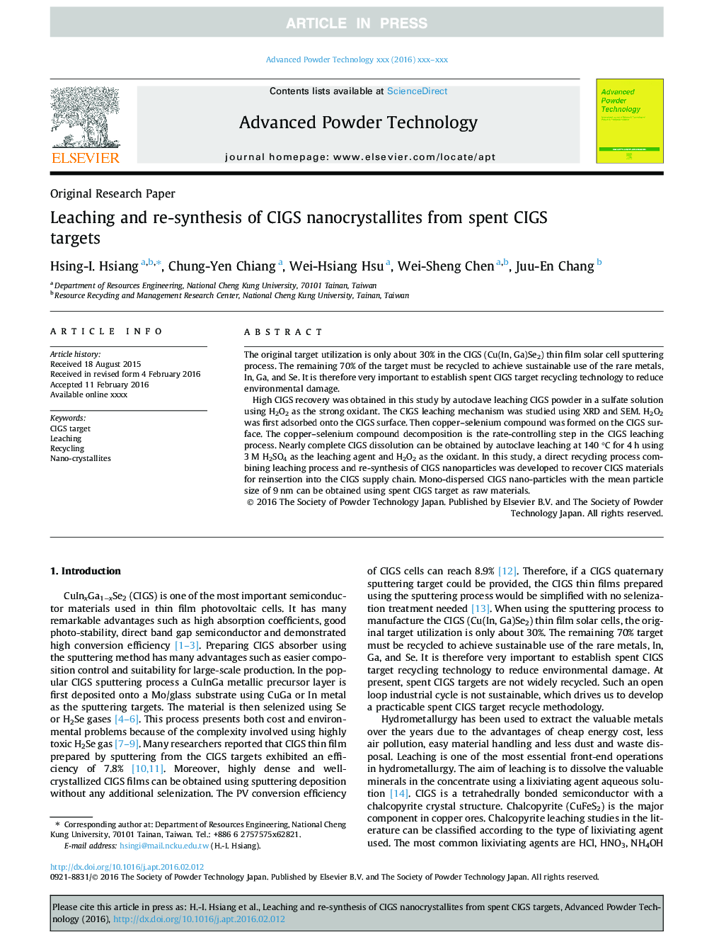 Leaching and re-synthesis of CIGS nanocrystallites from spent CIGS targets