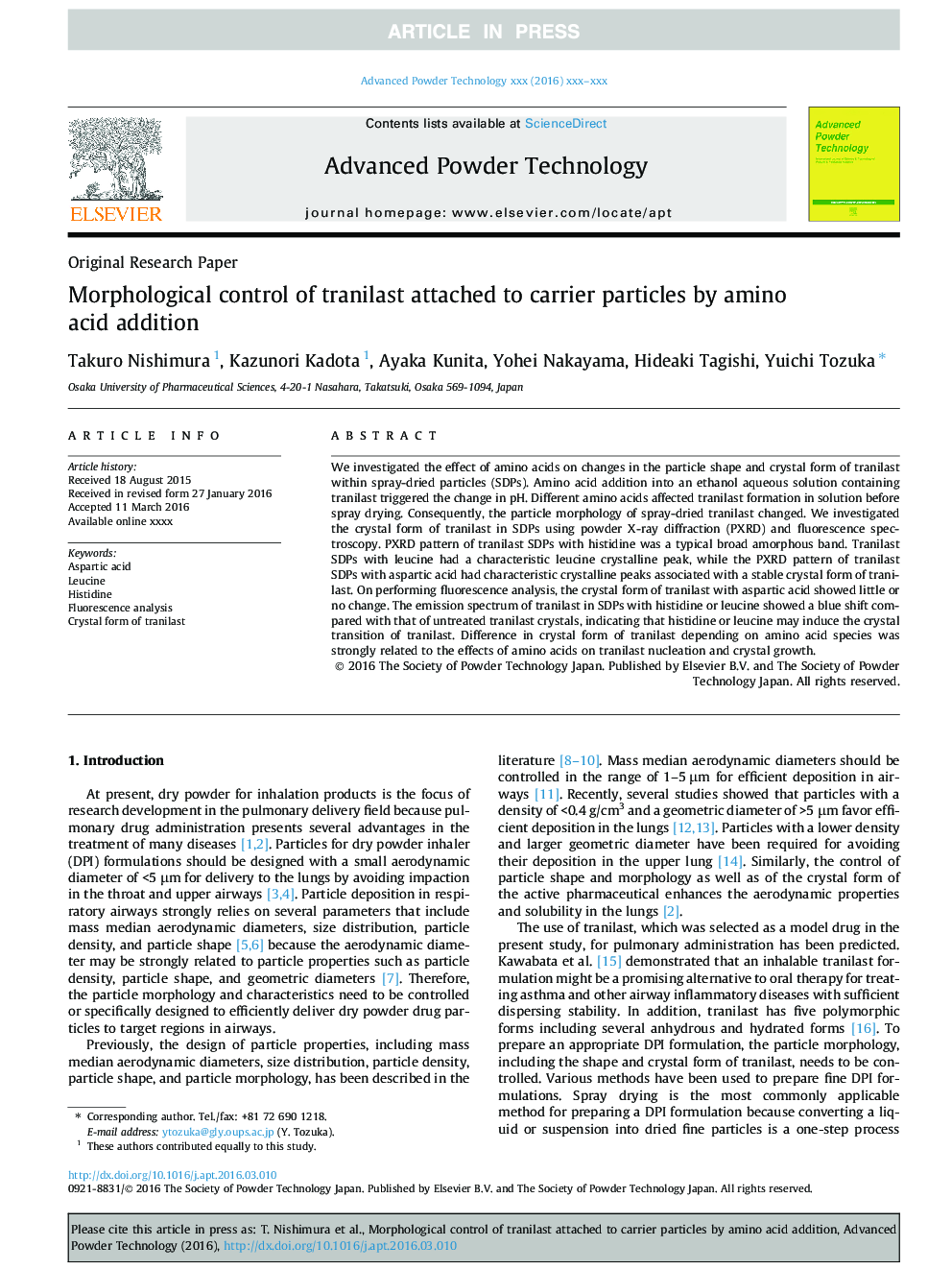 Morphological control of tranilast attached to carrier particles by amino acid addition