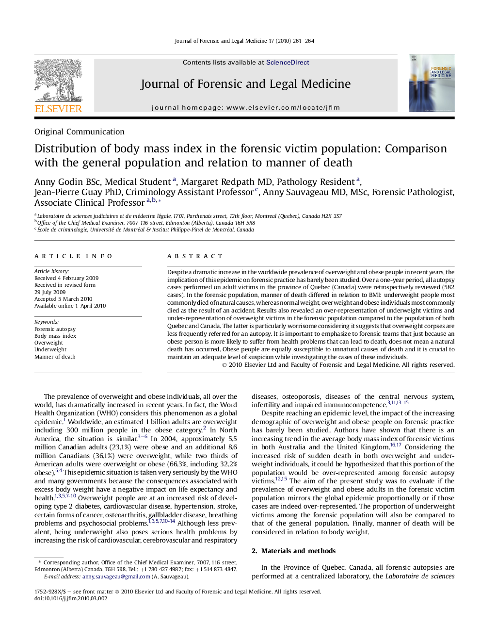 Distribution of body mass index in the forensic victim population: Comparison with the general population and relation to manner of death