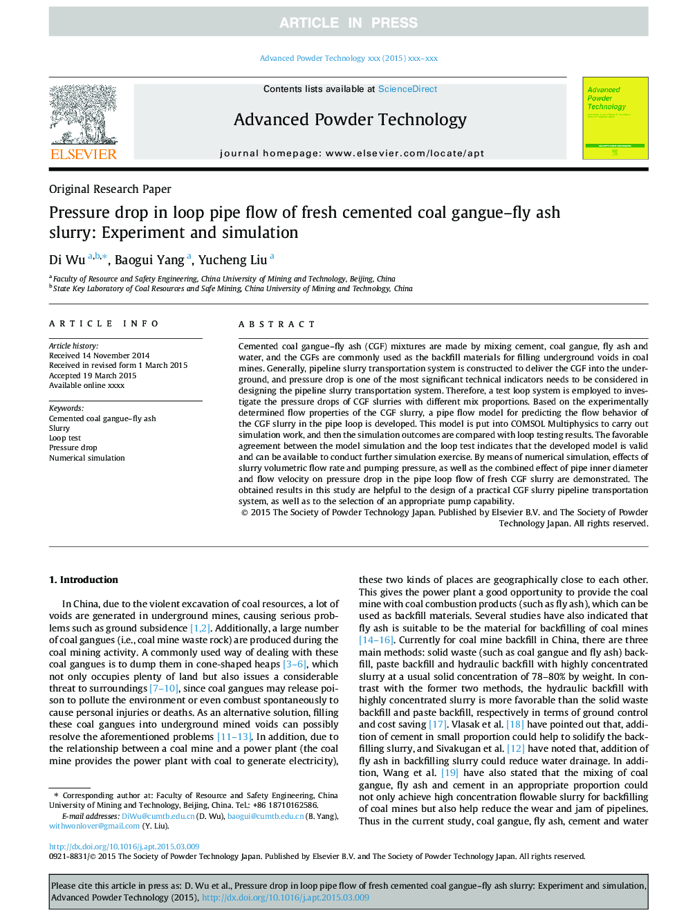 Pressure drop in loop pipe flow of fresh cemented coal gangue-fly ash slurry: Experiment and simulation