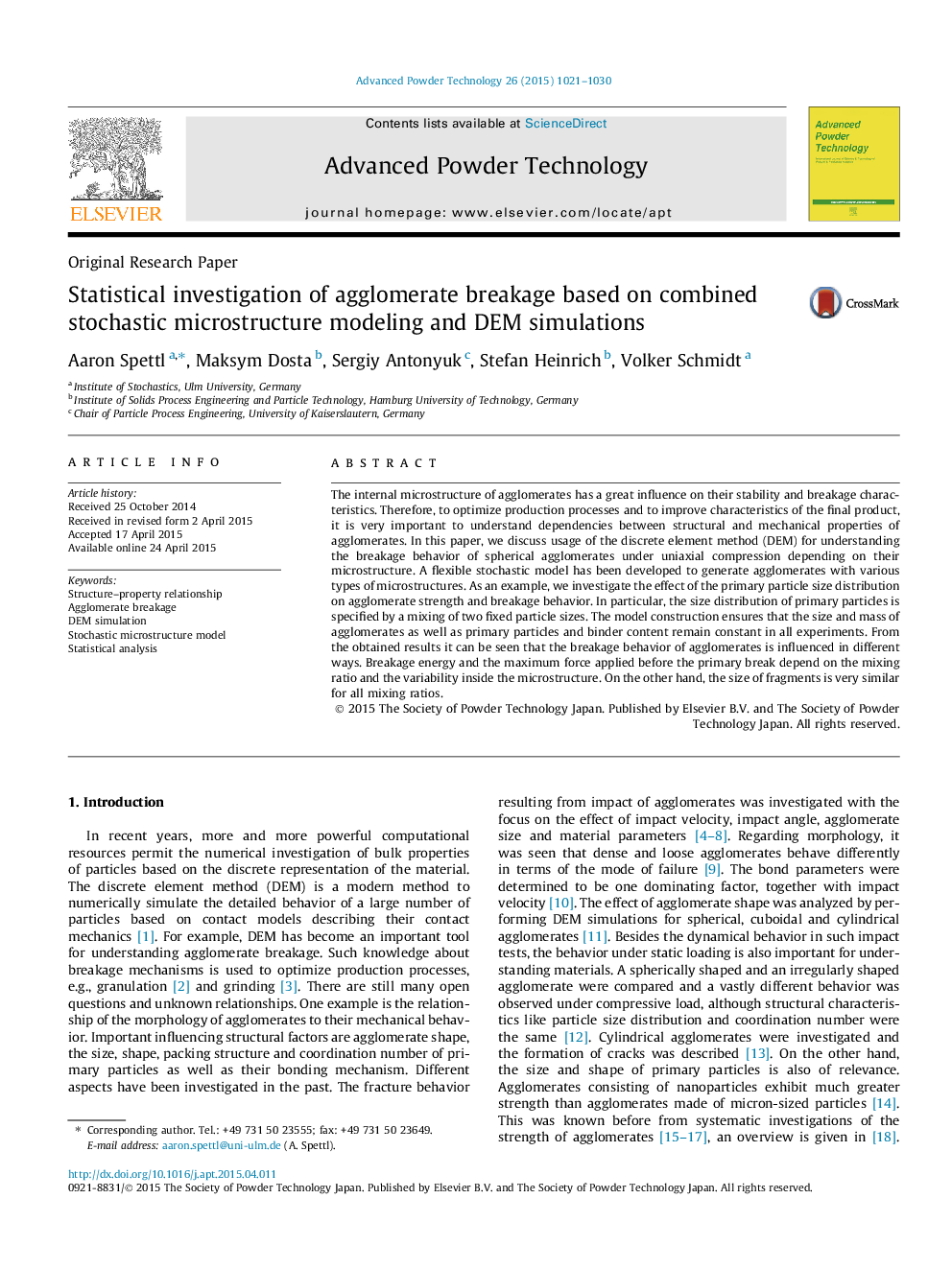 Statistical investigation of agglomerate breakage based on combined stochastic microstructure modeling and DEM simulations