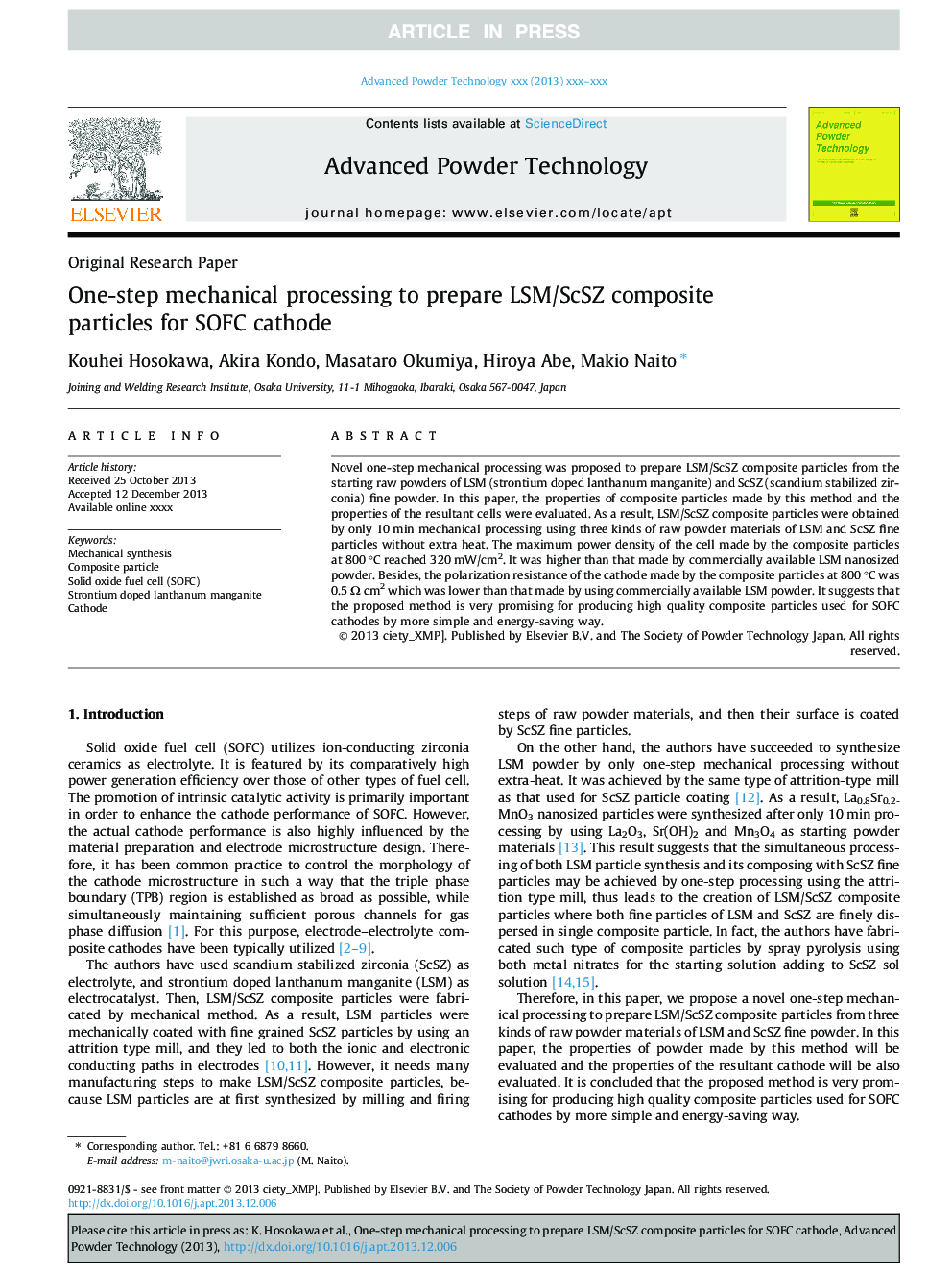 One-step mechanical processing to prepare LSM/ScSZ composite particles for SOFC cathode