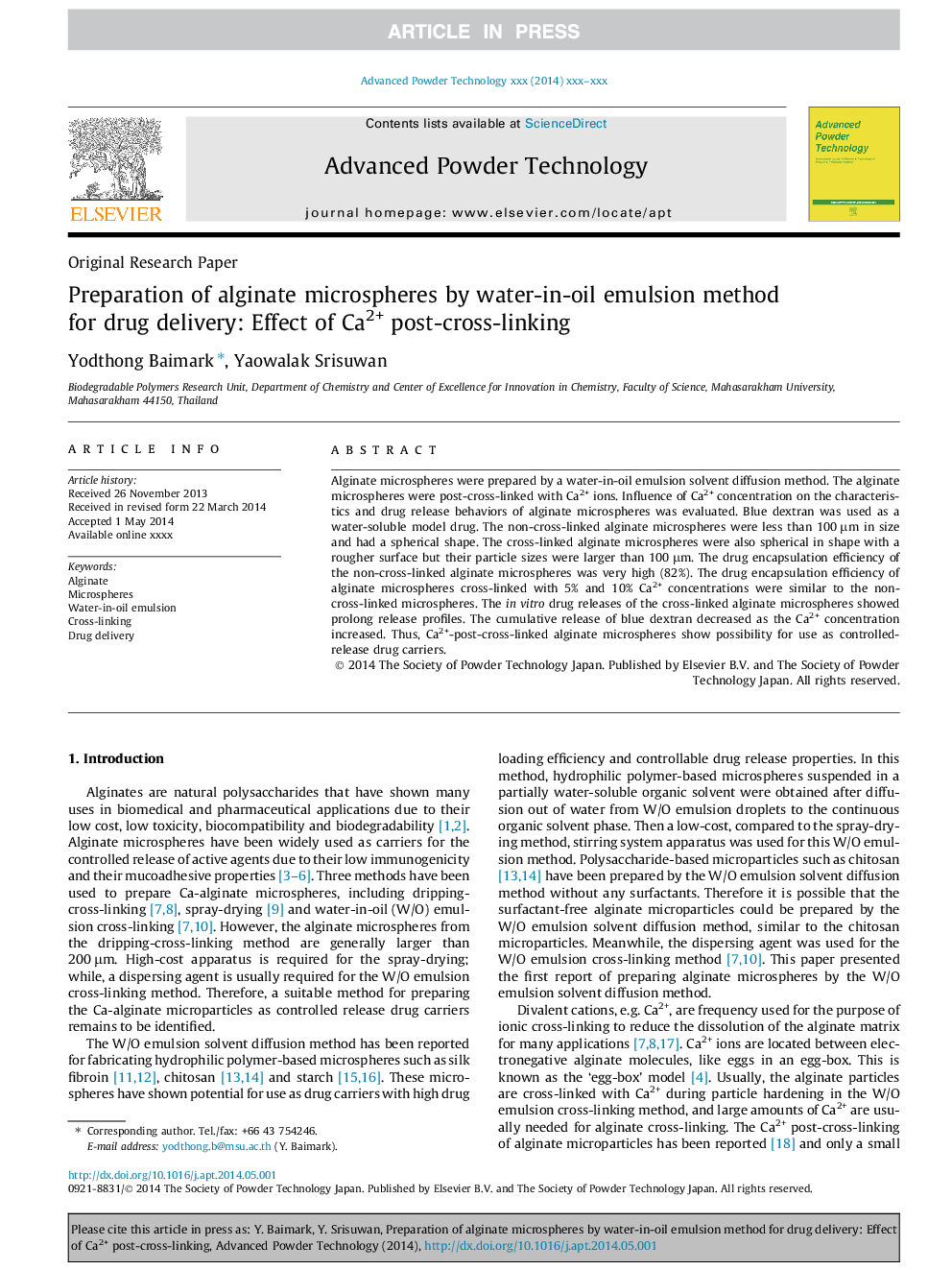 Preparation of alginate microspheres by water-in-oil emulsion method for drug delivery: Effect of Ca2+ post-cross-linking