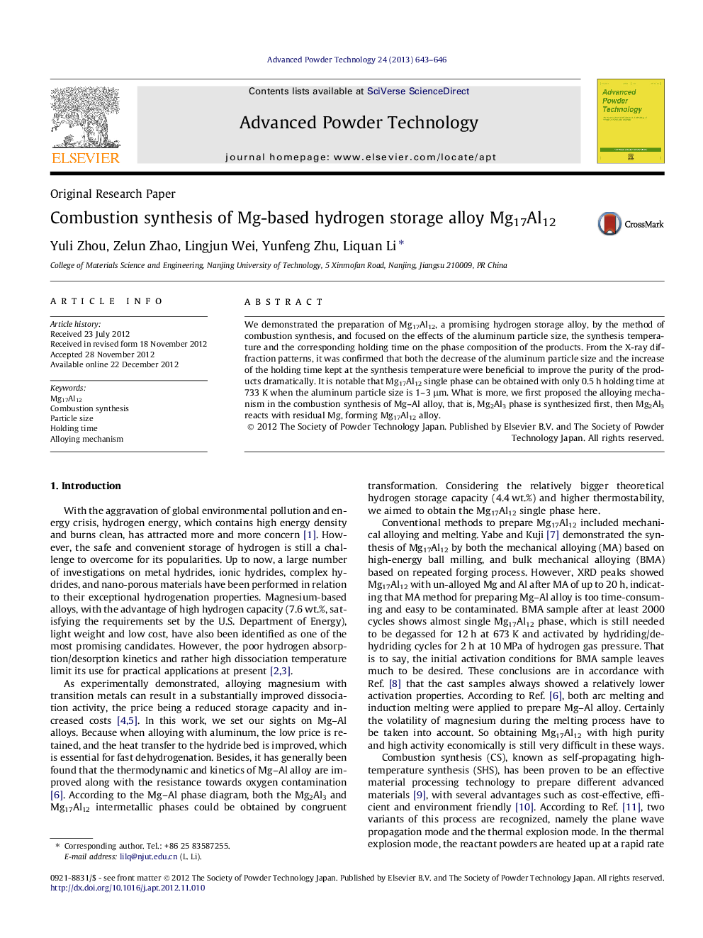 Combustion synthesis of Mg-based hydrogen storage alloy Mg17Al12