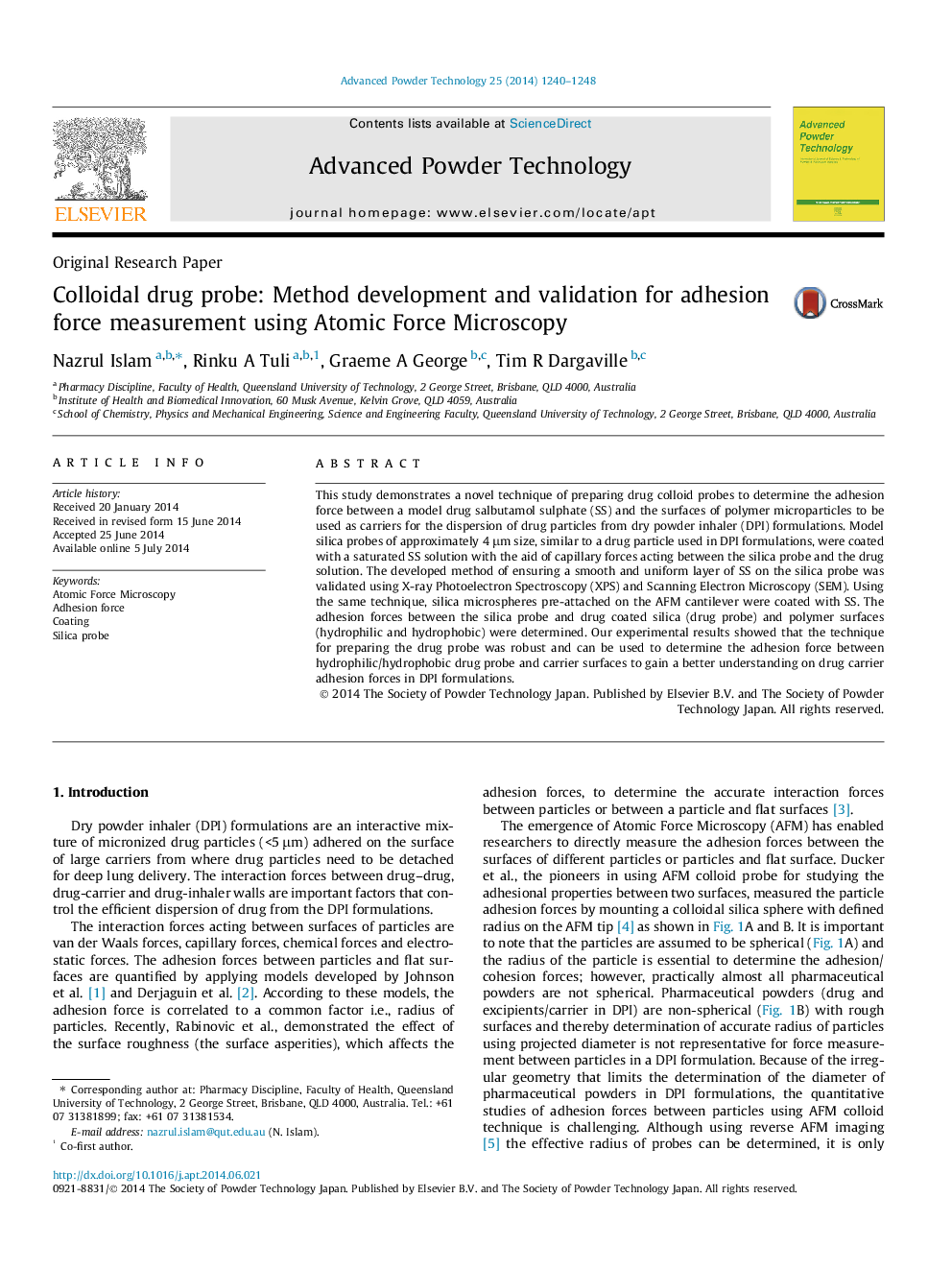 Colloidal drug probe: Method development and validation for adhesion force measurement using Atomic Force Microscopy