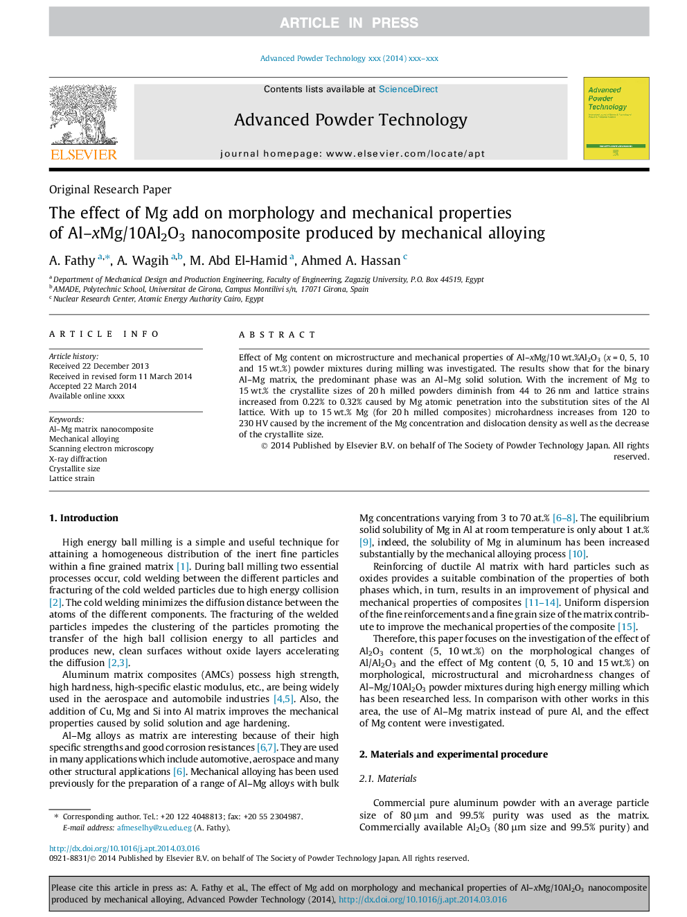 The effect of Mg add on morphology and mechanical properties of Al-xMg/10Al2O3 nanocomposite produced by mechanical alloying