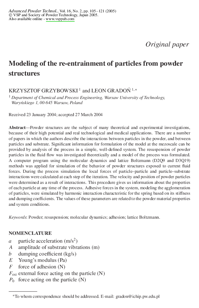 Modeling of the re-entrainment of particles from powder structures