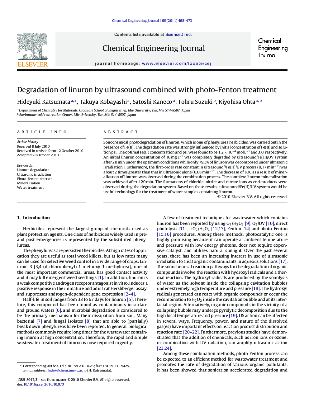 Degradation of linuron by ultrasound combined with photo-Fenton treatment