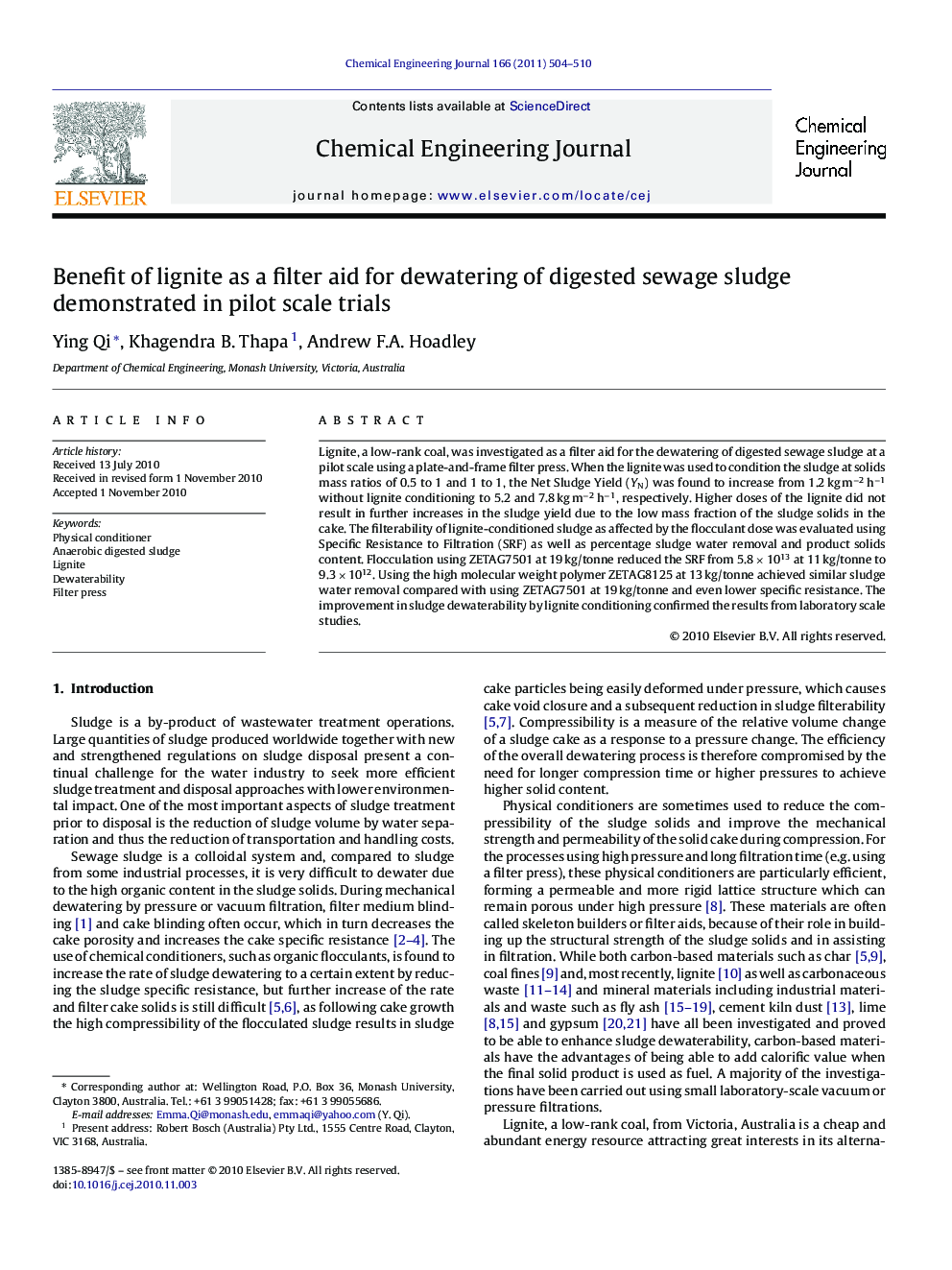 Benefit of lignite as a filter aid for dewatering of digested sewage sludge demonstrated in pilot scale trials