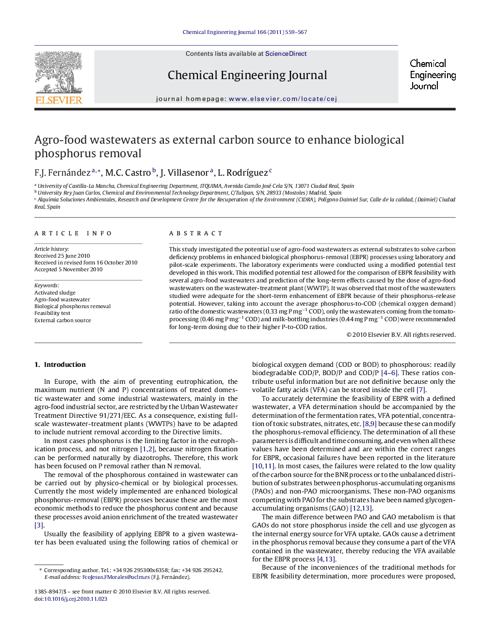 Agro-food wastewaters as external carbon source to enhance biological phosphorus removal