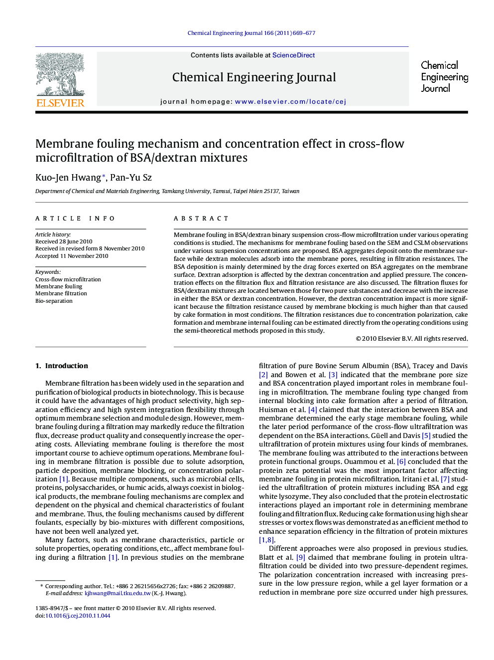 عکس صفحه اول مقاله: Membrane fouling mechanism and concentration effect in cross-flow microfiltration of BSA/dextran mixtures Membrane fouling mechanism and concentration effect in cross-flow microfiltration of BSA/dextran mixtures