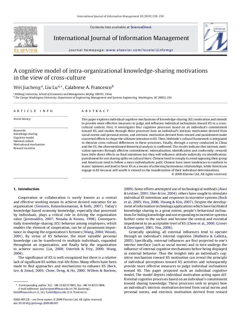 A cognitive model of intra-organizational knowledge-sharing motivations in the view of cross-culture