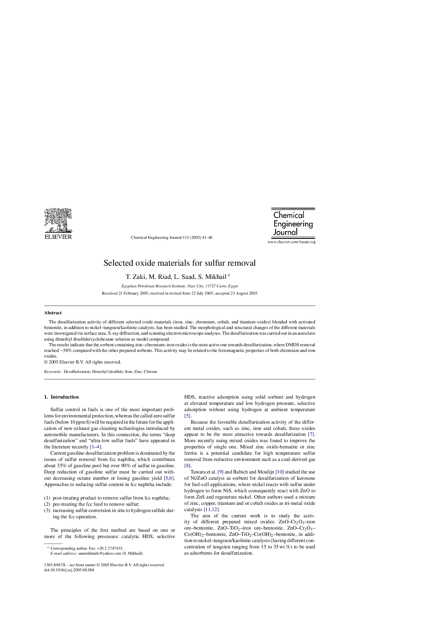 Selected oxide materials for sulfur removal