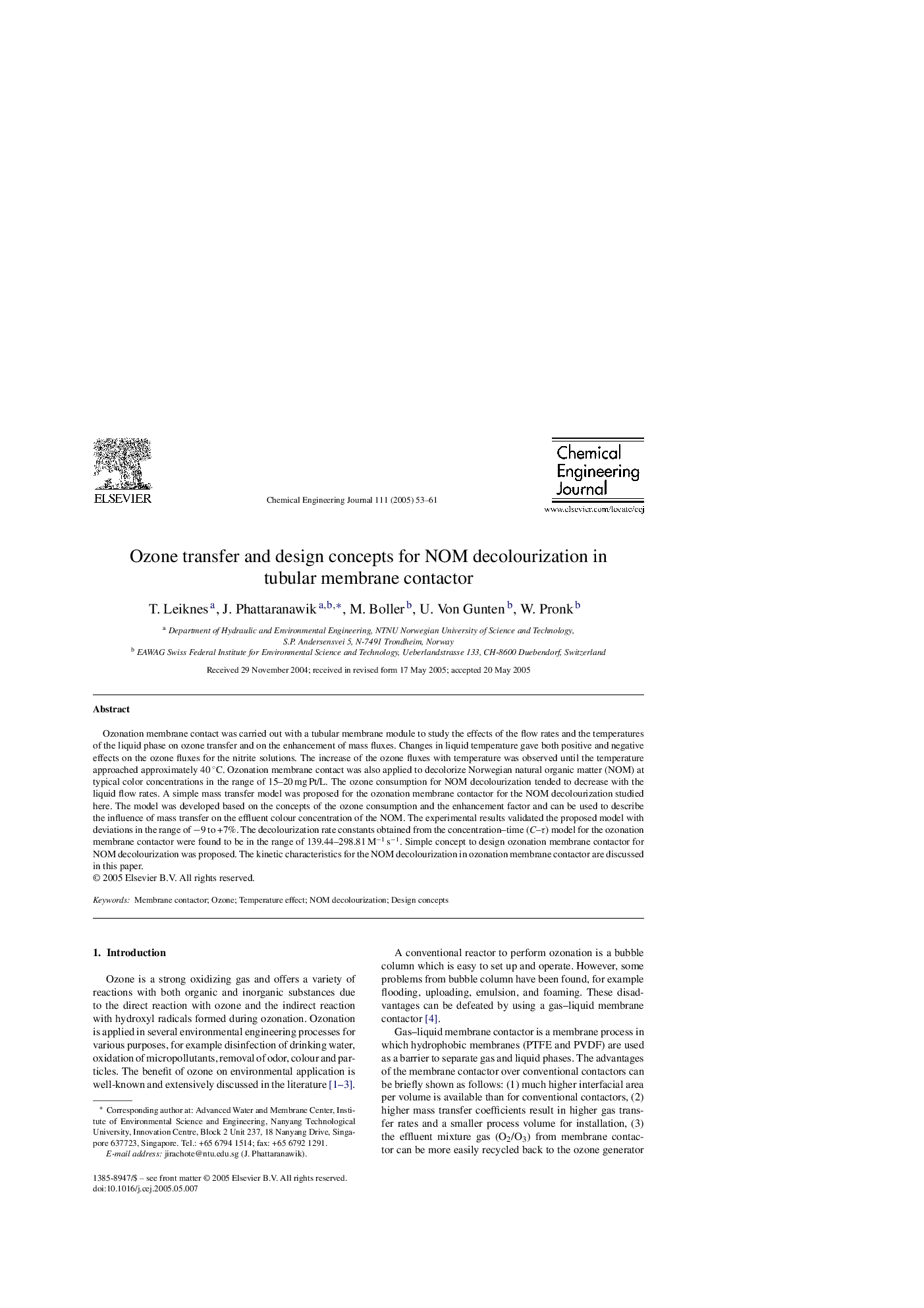 Ozone transfer and design concepts for NOM decolourization in tubular membrane contactor