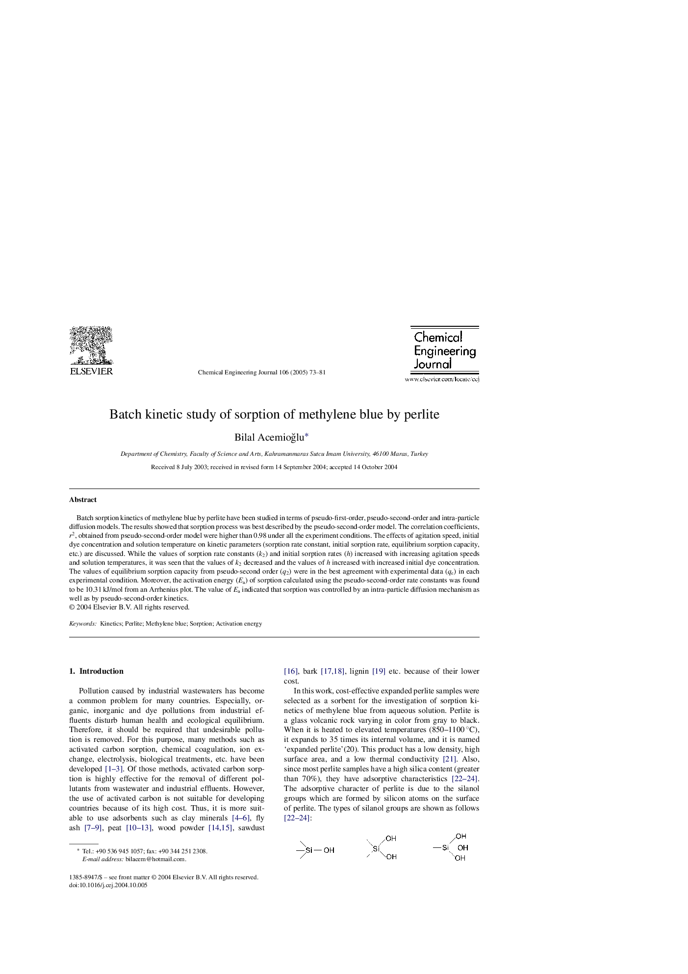 Batch kinetic study of sorption of methylene blue by perlite