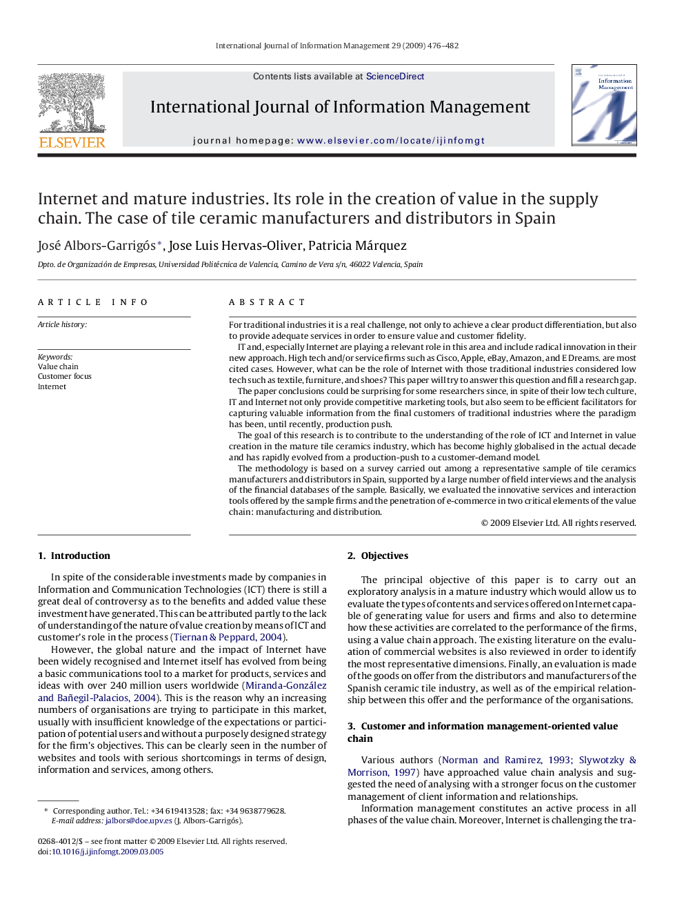 Internet and mature industries. Its role in the creation of value in the supply chain. The case of tile ceramic manufacturers and distributors in Spain