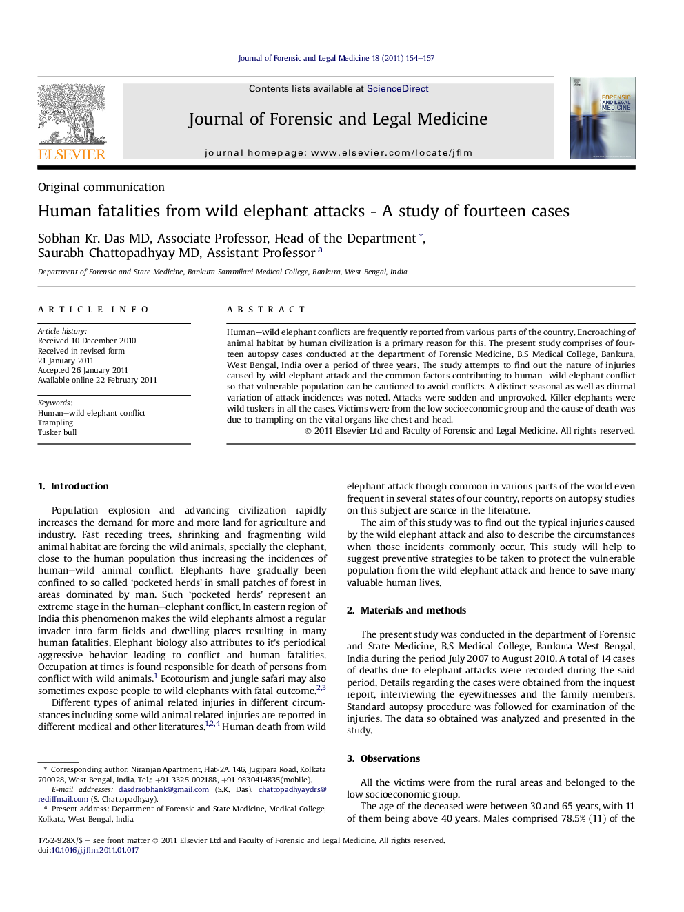 Human fatalities from wild elephant attacks - A study of fourteen cases