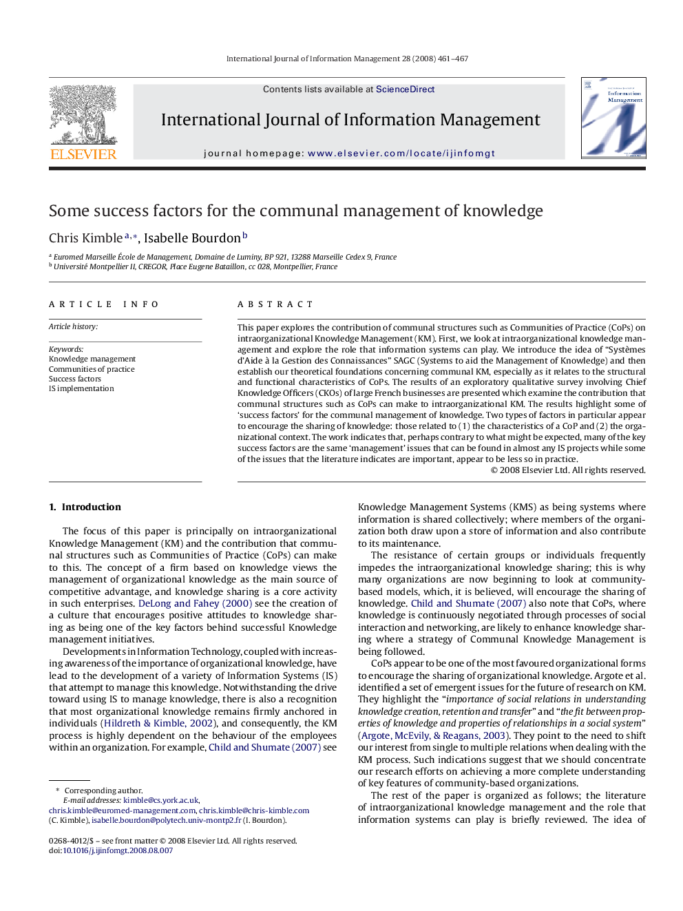 Some success factors for the communal management of knowledge