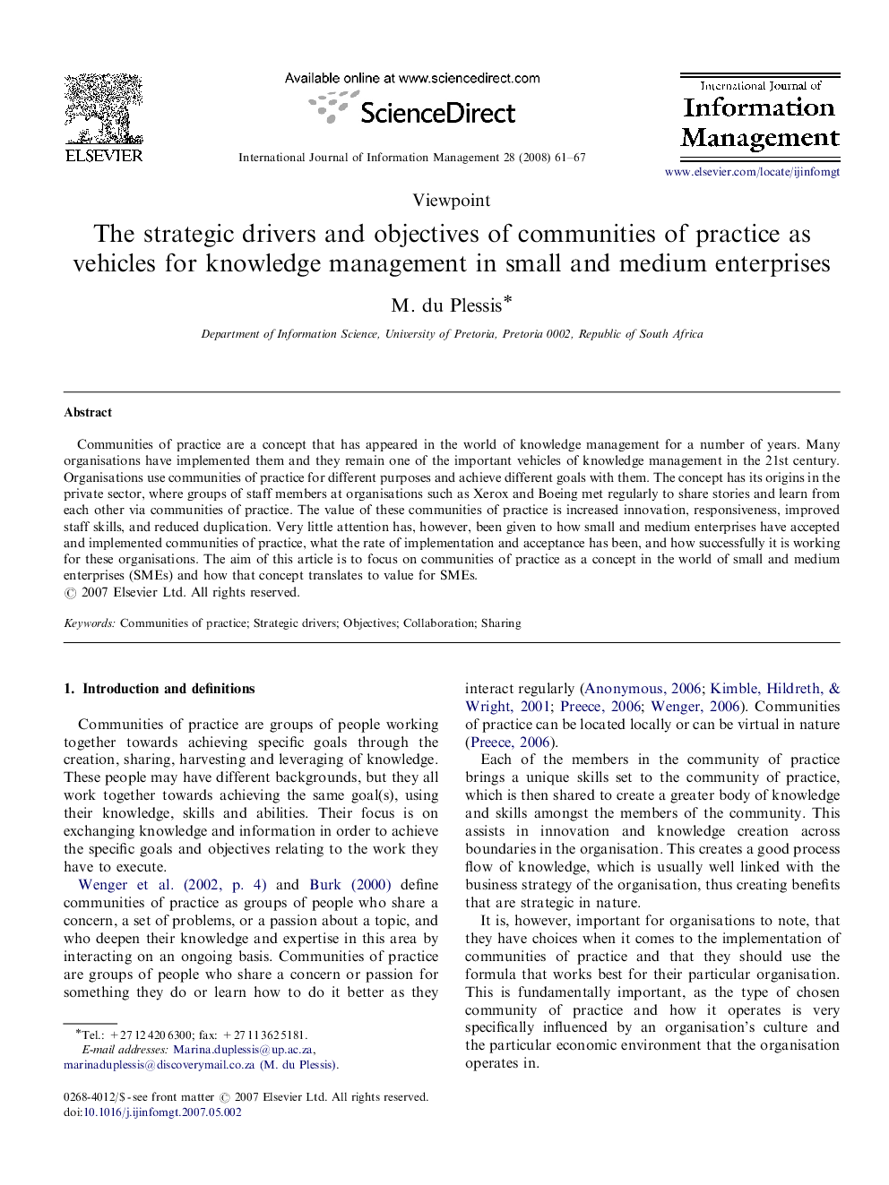 The strategic drivers and objectives of communities of practice as vehicles for knowledge management in small and medium enterprises