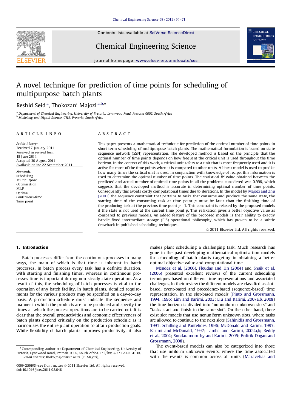 A novel technique for prediction of time points for scheduling of multipurpose batch plants