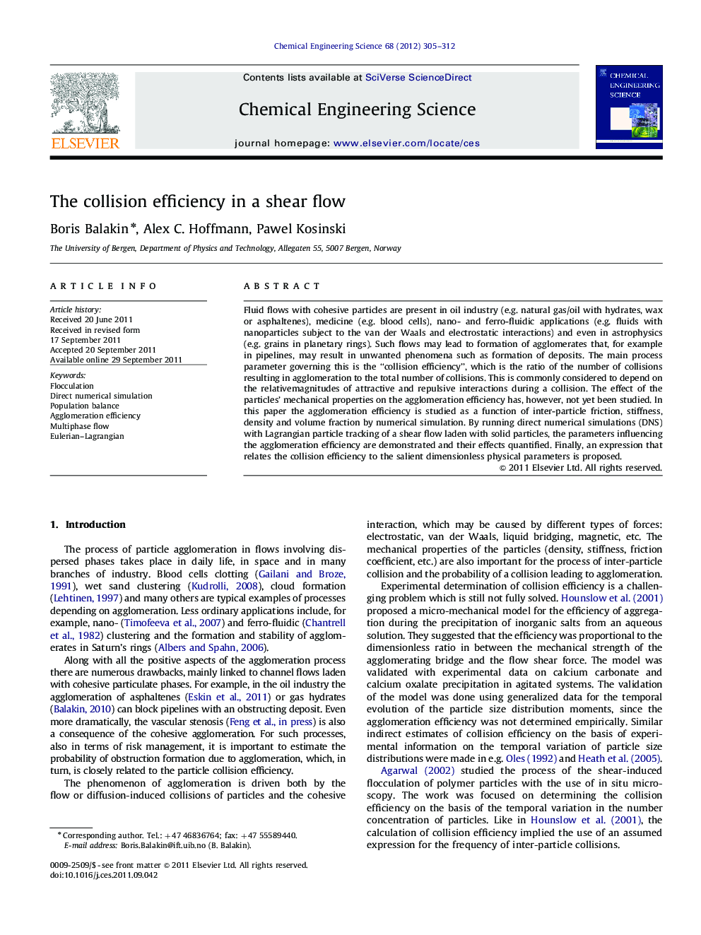 The collision efficiency in a shear flow