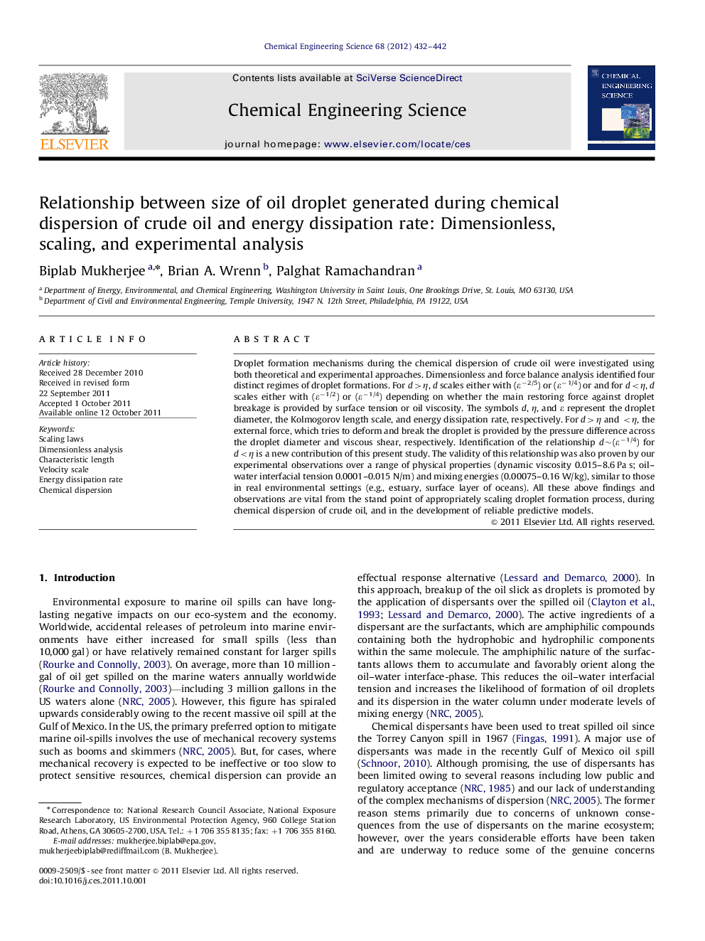 Relationship between size of oil droplet generated during chemical dispersion of crude oil and energy dissipation rate: Dimensionless, scaling, and experimental analysis