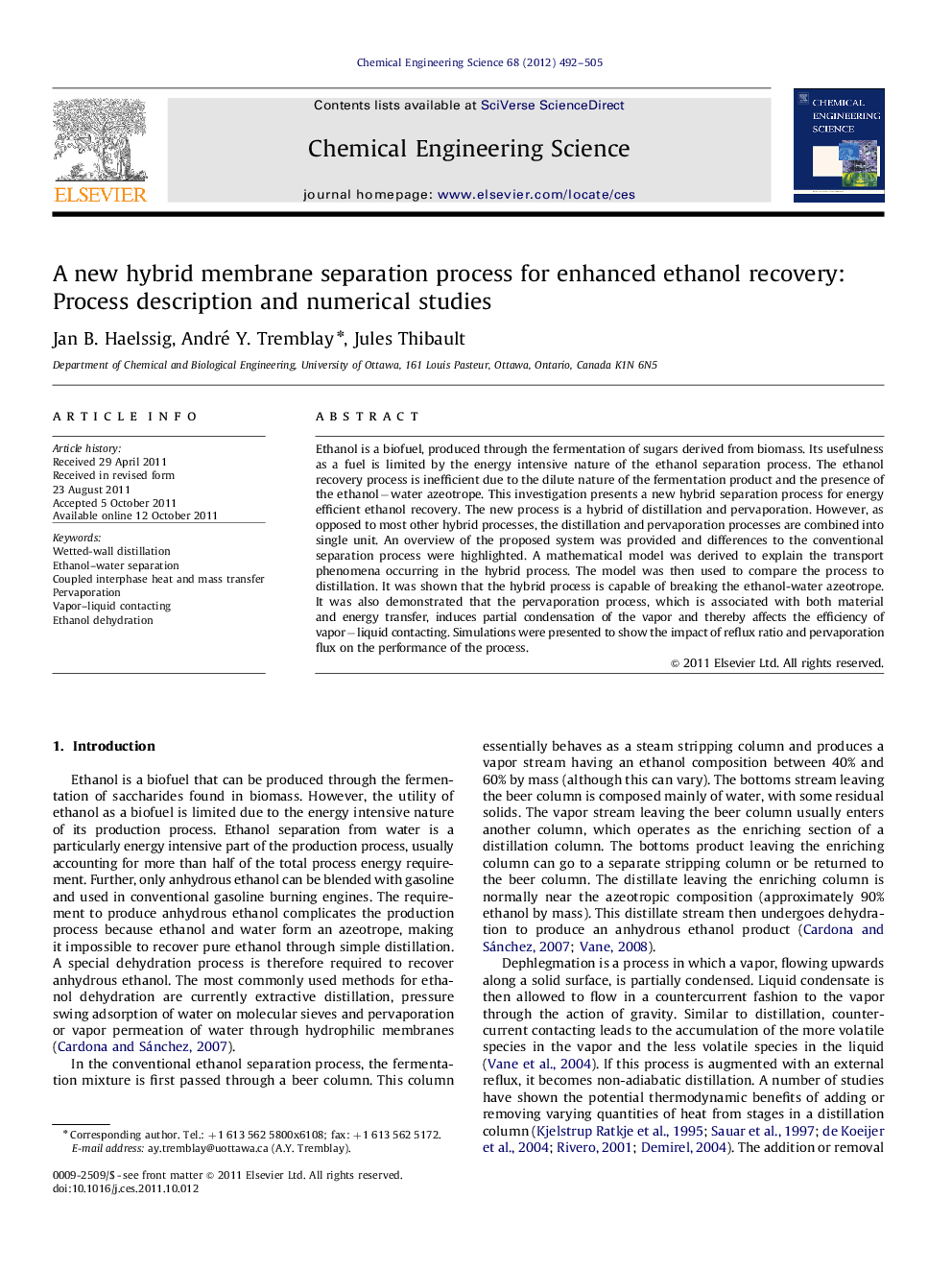 A new hybrid membrane separation process for enhanced ethanol recovery: Process description and numerical studies