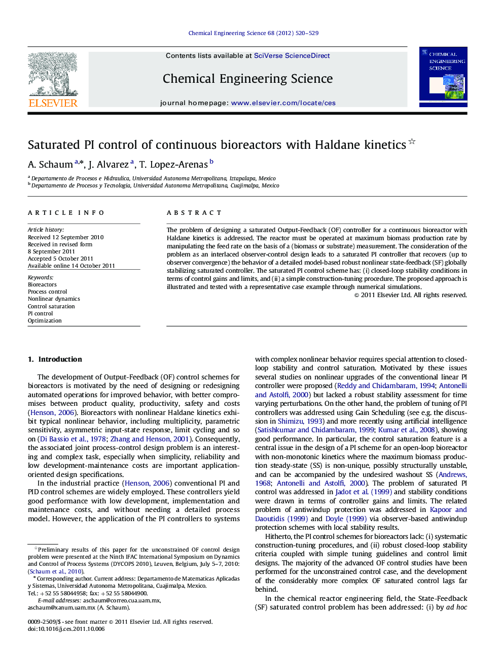 Saturated PI control of continuous bioreactors with Haldane kinetics