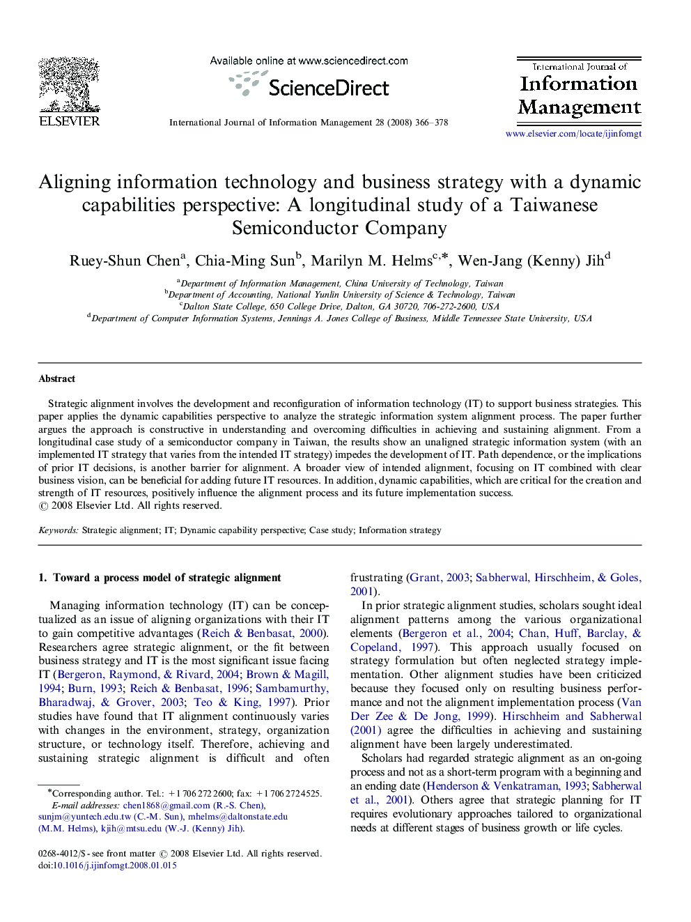 Aligning information technology and business strategy with a dynamic capabilities perspective: A longitudinal study of a Taiwanese Semiconductor Company