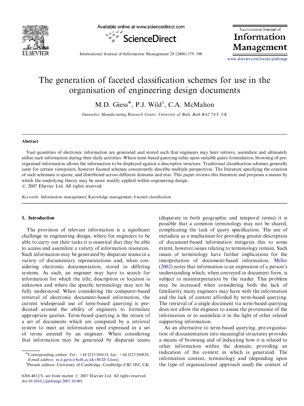 The generation of faceted classification schemes for use in the organisation of engineering design documents