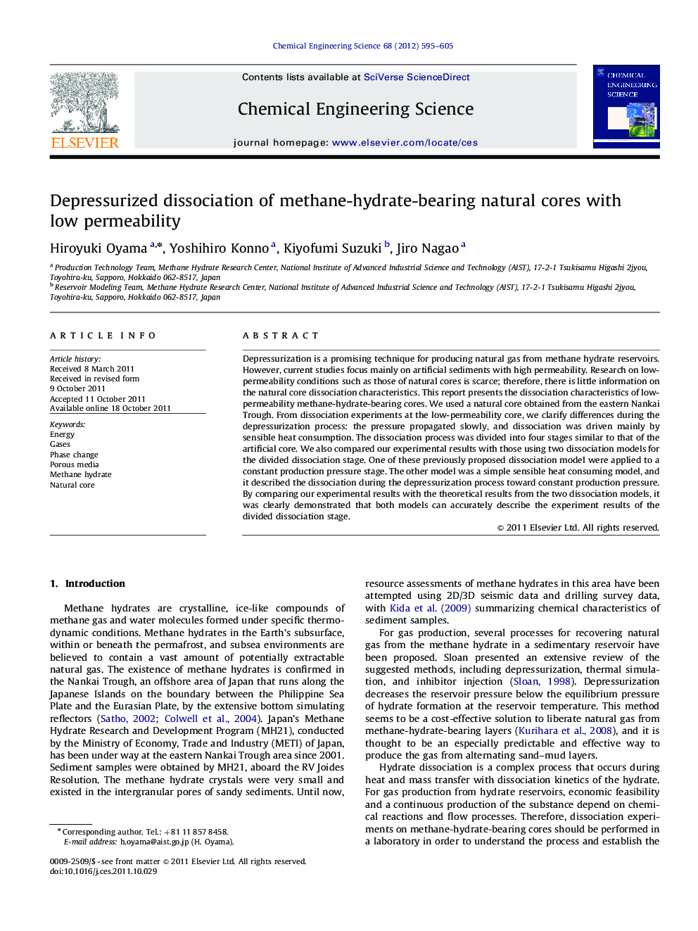 Depressurized dissociation of methane-hydrate-bearing natural cores with low permeability