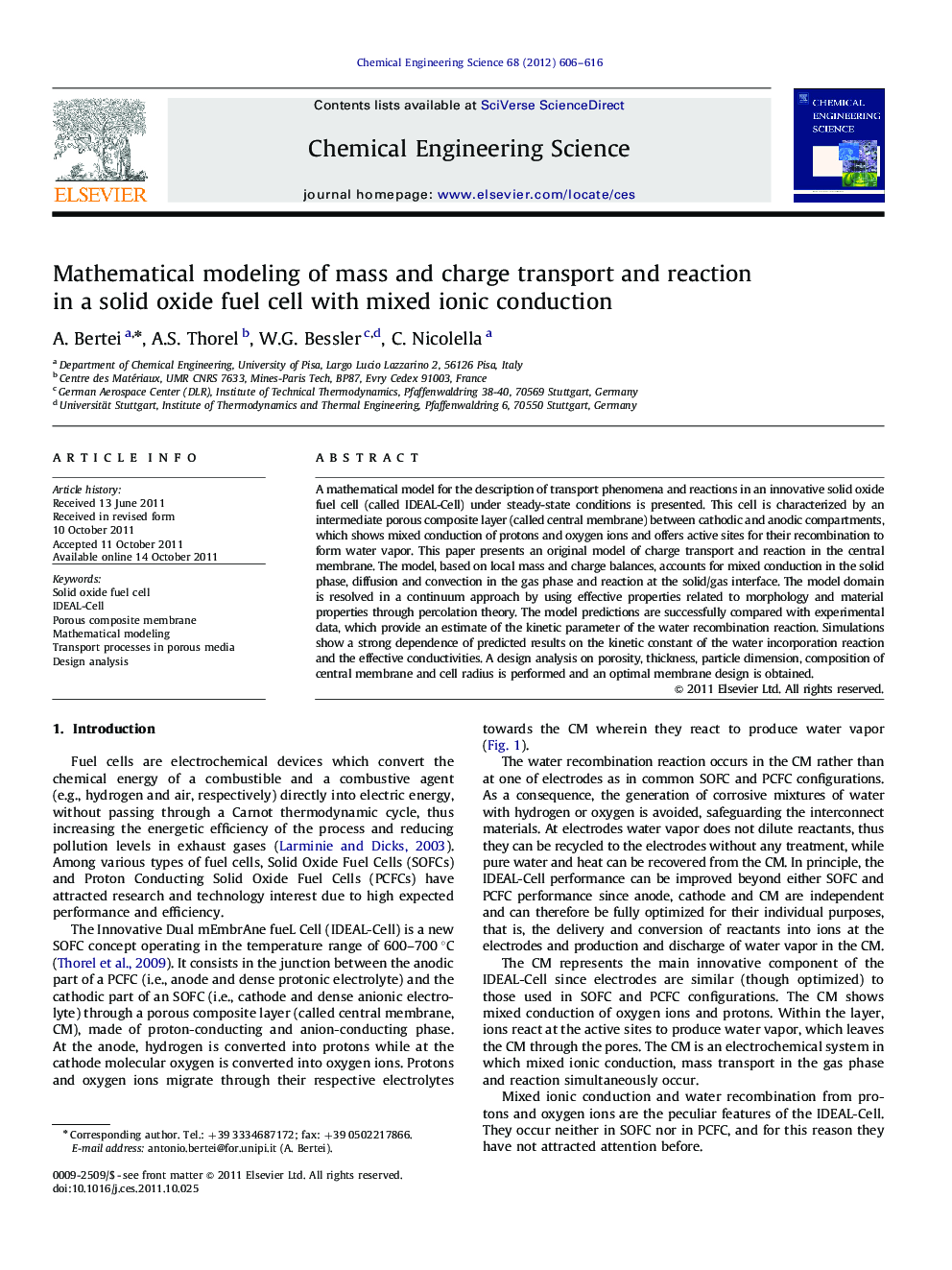 Mathematical modeling of mass and charge transport and reaction in a solid oxide fuel cell with mixed ionic conduction