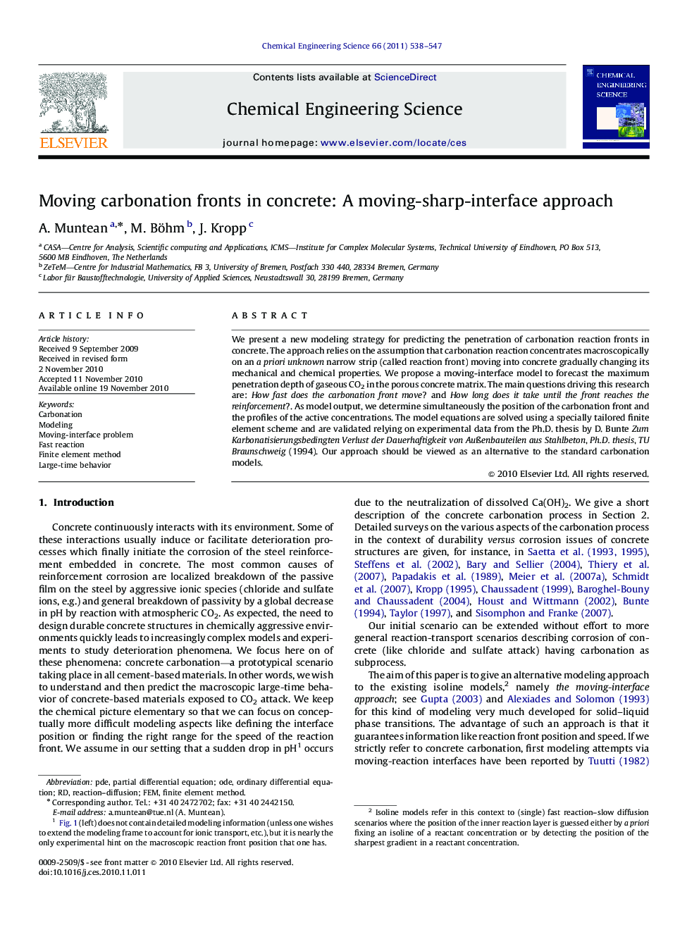 Moving carbonation fronts in concrete: A moving-sharp-interface approach