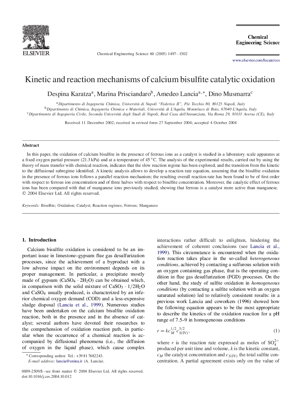 Kinetic and reaction mechanisms of calcium bisulfite catalytic oxidation