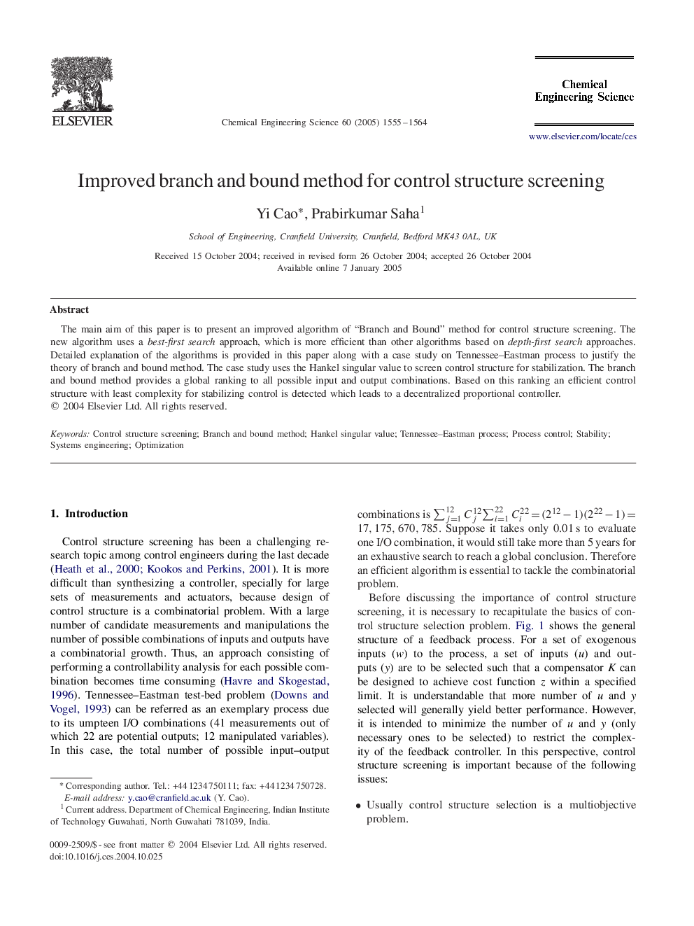 Improved branch and bound method for control structure screening