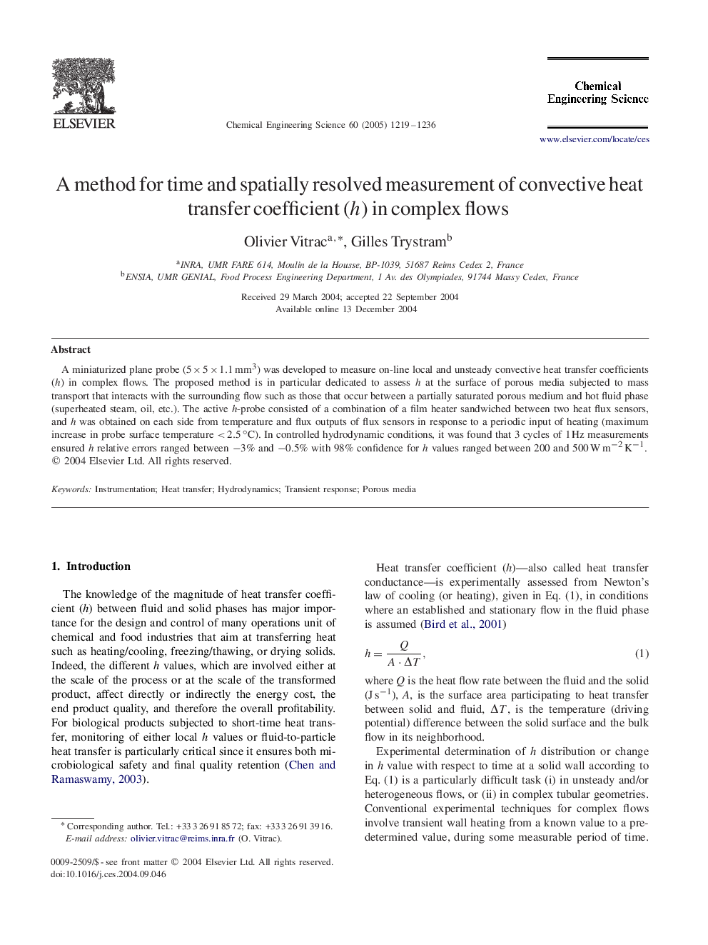 A method for time and spatially resolved measurement of convective heat transfer coefficient (h) in complex flows