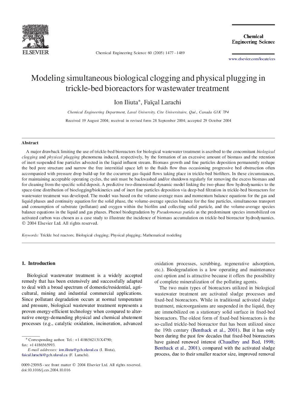 Modeling simultaneous biological clogging and physical plugging in trickle-bed bioreactors for wastewater treatment