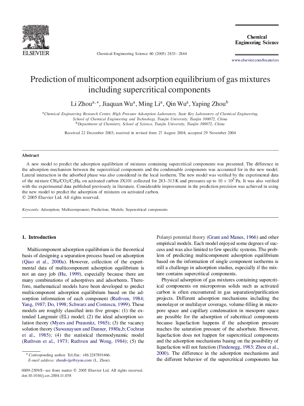 عکس صفحه اول مقاله: Prediction of multicomponent adsorption equilibrium of gas mixtures including supercritical components Prediction of multicomponent adsorption equilibrium of gas mixtures including supercritical components