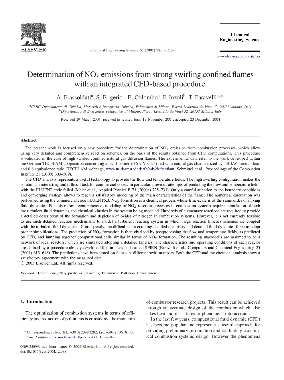 Determination of NOx emissions from strong swirling confined flames with an integrated CFD-based procedure