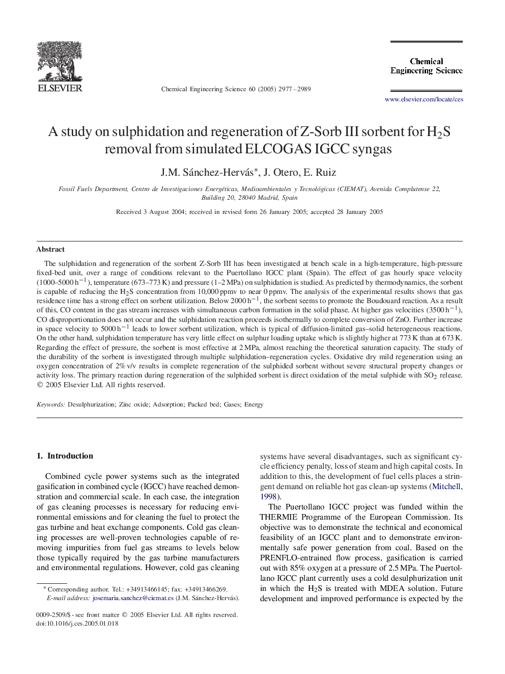 A study on sulphidation and regeneration of Z-Sorb III sorbent for H2S removal from simulated ELCOGAS IGCC syngas