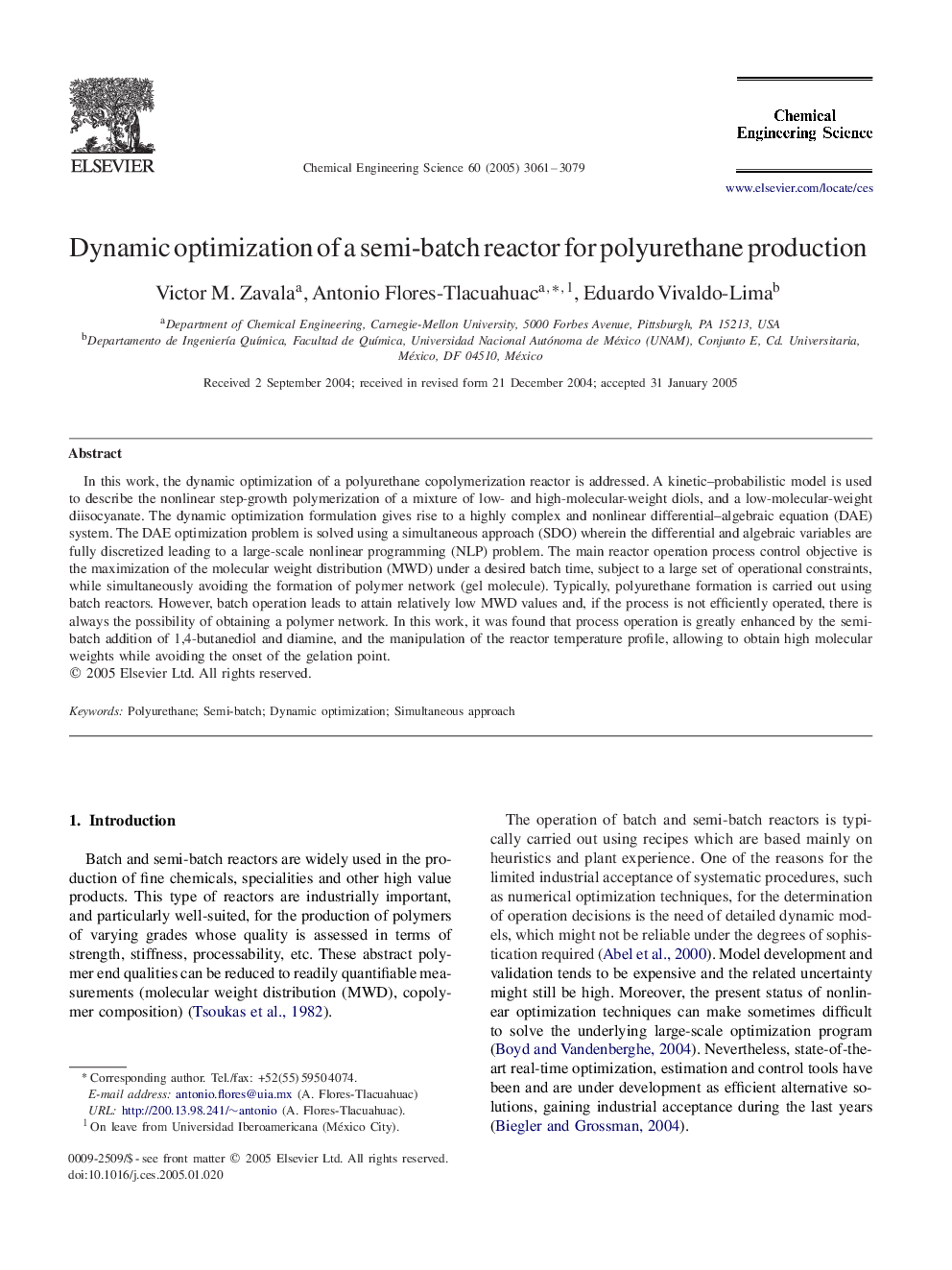 Dynamic optimization of a semi-batch reactor for polyurethane production